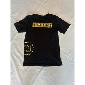 Air Jordan Black Gold Lamé Logo T-Shirt Boys US XL 100% Cotton Short Sleeve